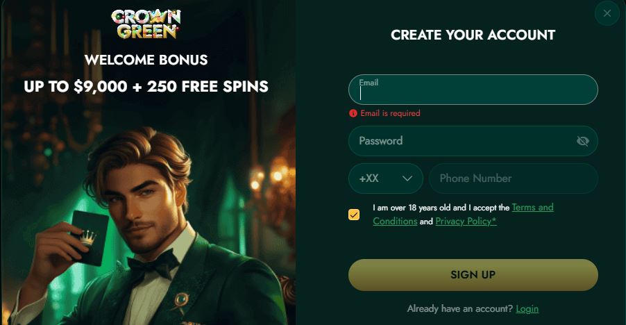Register new Crown Green account with email and phone